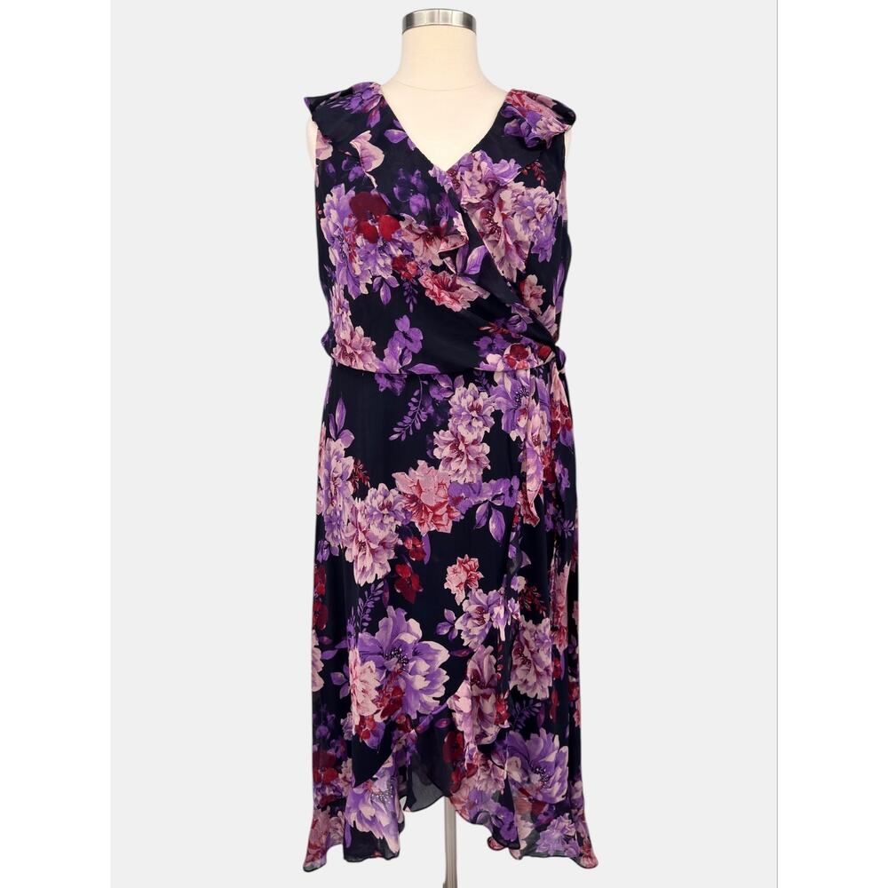 London Times Woman Navy Chiffon Faux Wrap Ruffle High Low Maxi Dress Size 20W - Picture 3 of 14